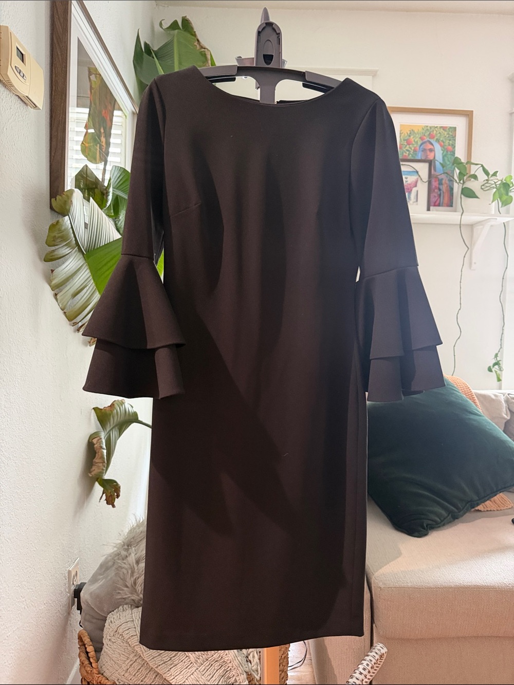 Calvin Klein Black Midi Dress with Tiered Ruffle Sleeves